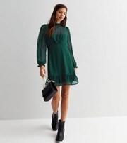 New Look Dark Green Chiffon High Neck Long Puff Sleeve Mini Dress